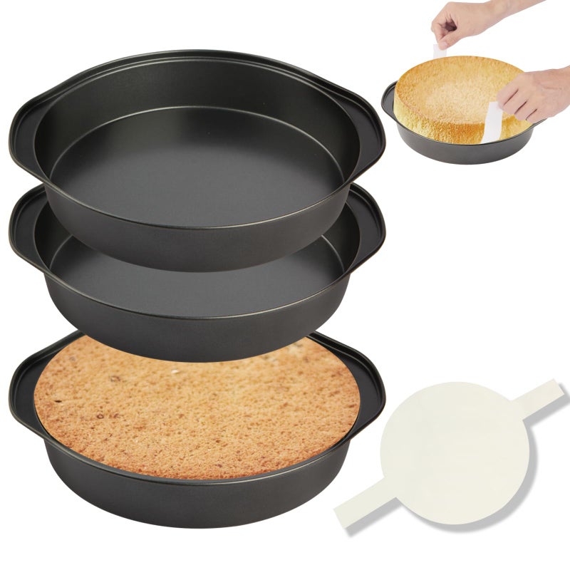 tutikuki 8"" Round Cake Pan, 3PCS Nonstick Cake Pans with 100 PCS Parchment Paper, Carbon Steel Cake Baking Pans with Handle, Dishwasher Safe - Image 1